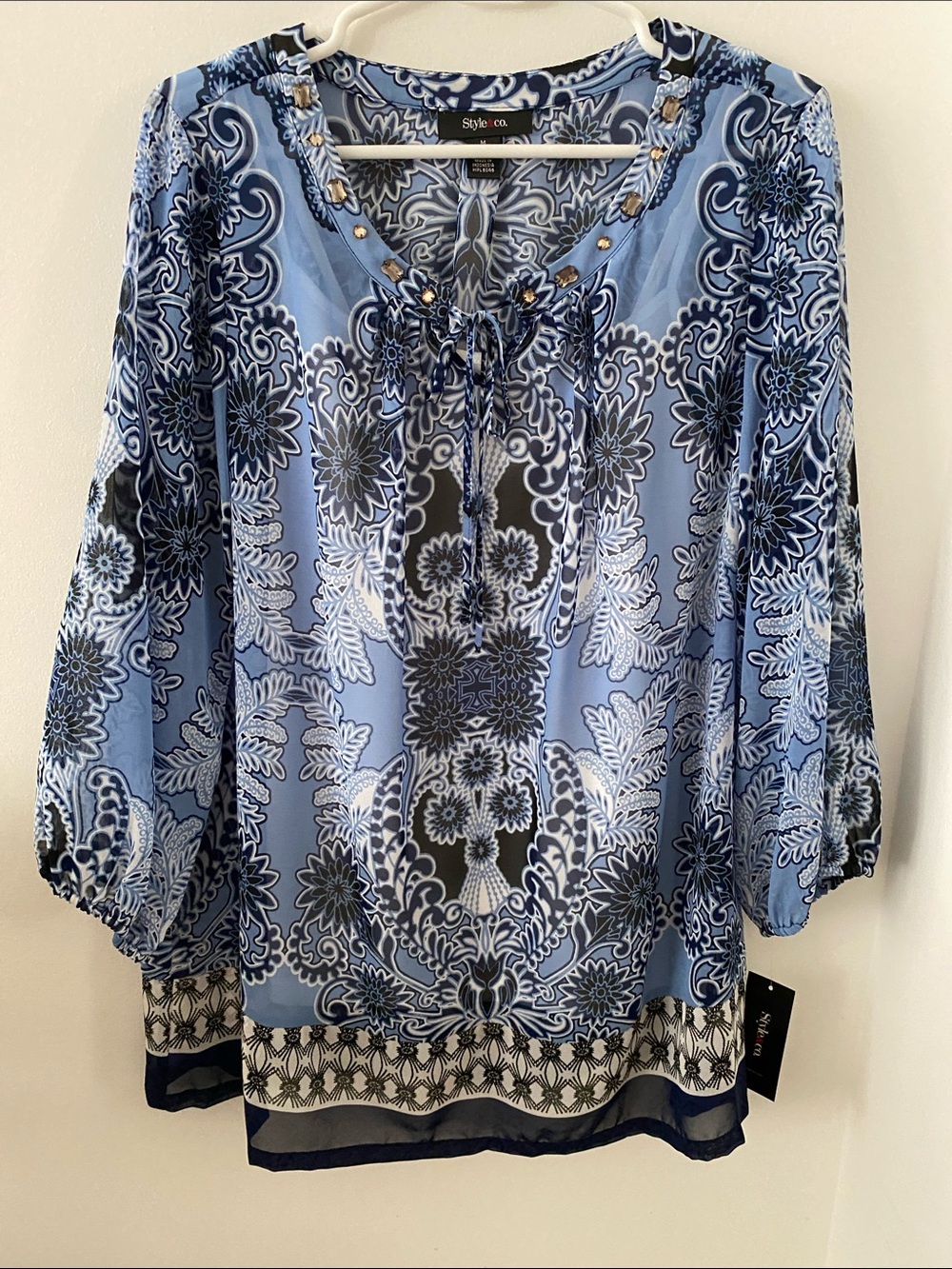 Style & Co. Light Blue Navy Floral Tie-Neck Tunic